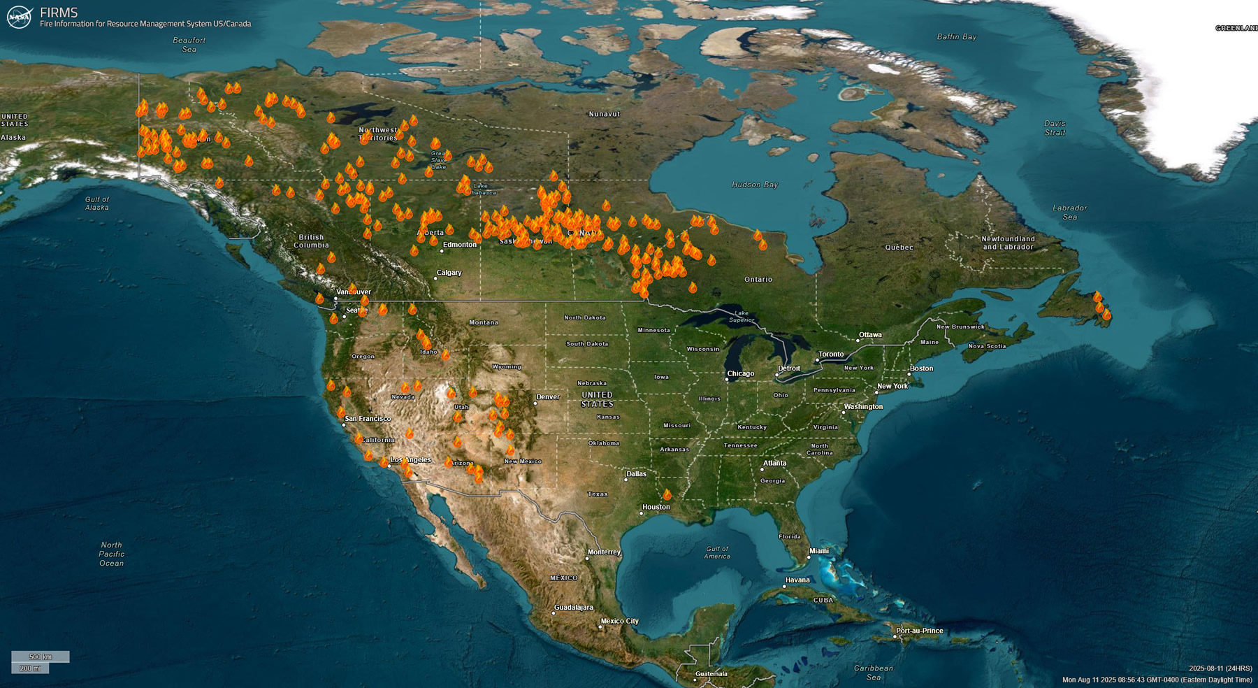 Locations of the Canadian wildfires